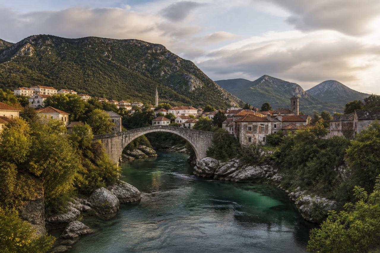 A mountain and stone-town landscape in the Western Balkans