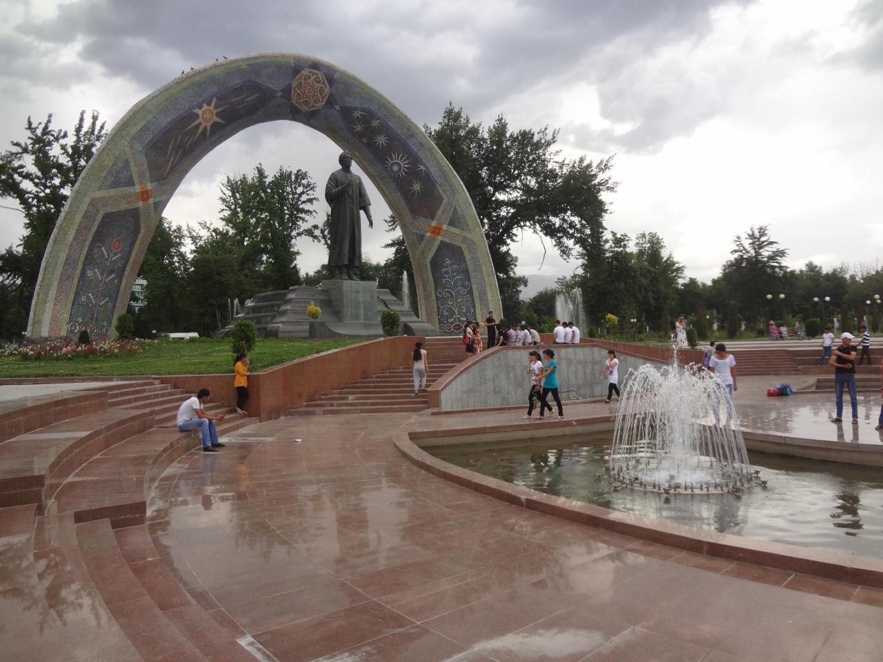 Rudaki statue and landscaped gardens in Rudaki Park, Dushanbe