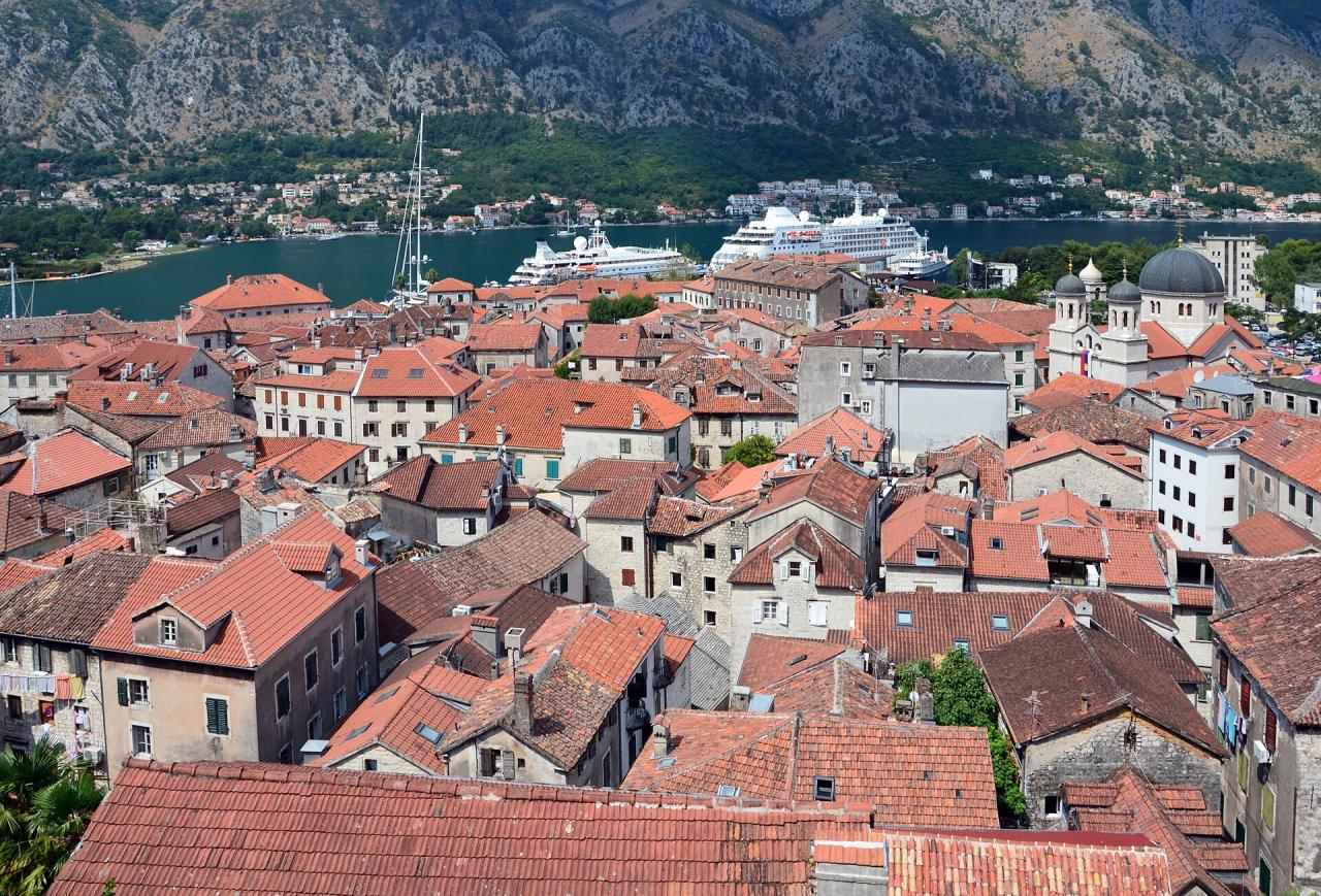 Kotor Old Town and the Bay of Kotor seen from the path to St John’s Fortress