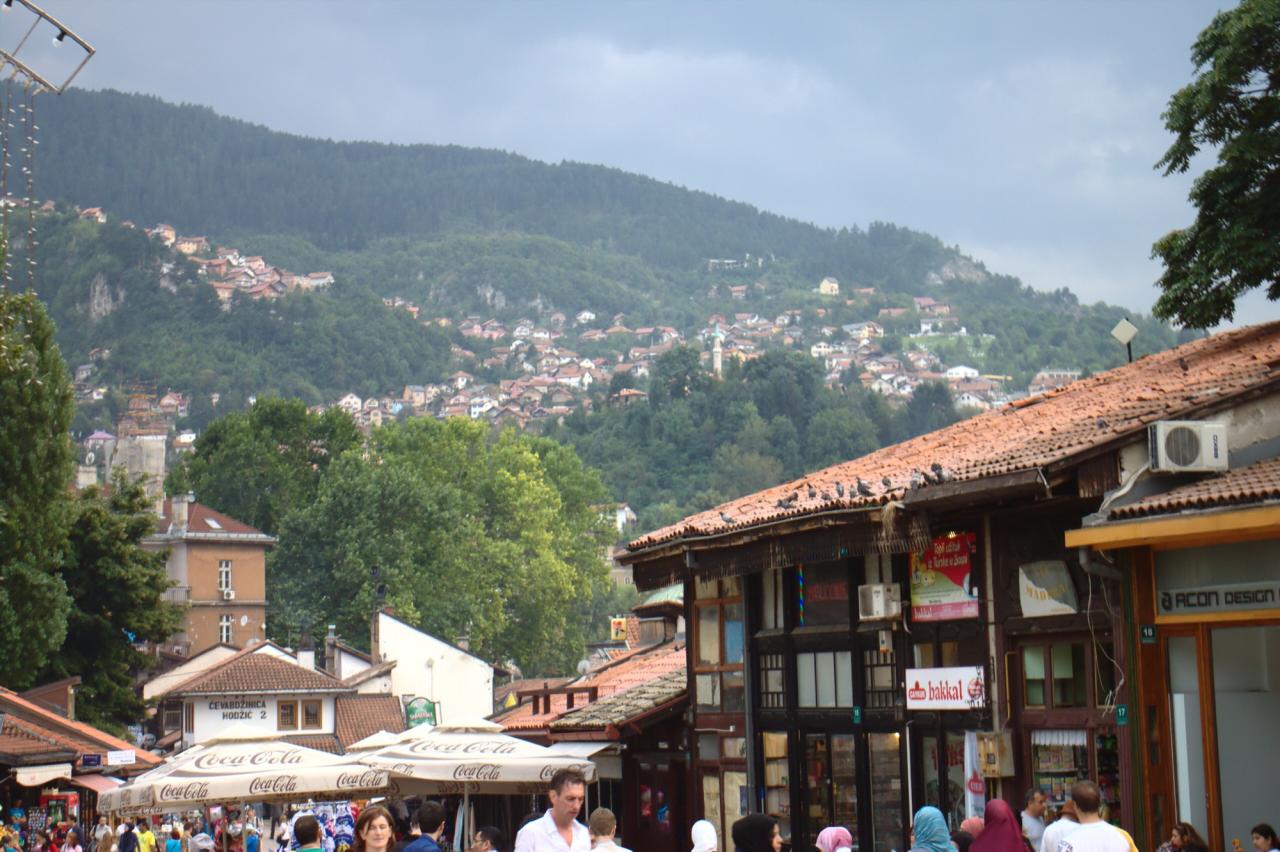 Baščaršija market roofs and hillside neighbourhoods in Sarajevo