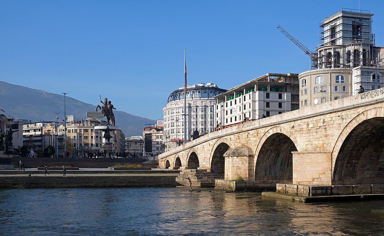 Stone Bridge crossing the Vardar River in central Skopje