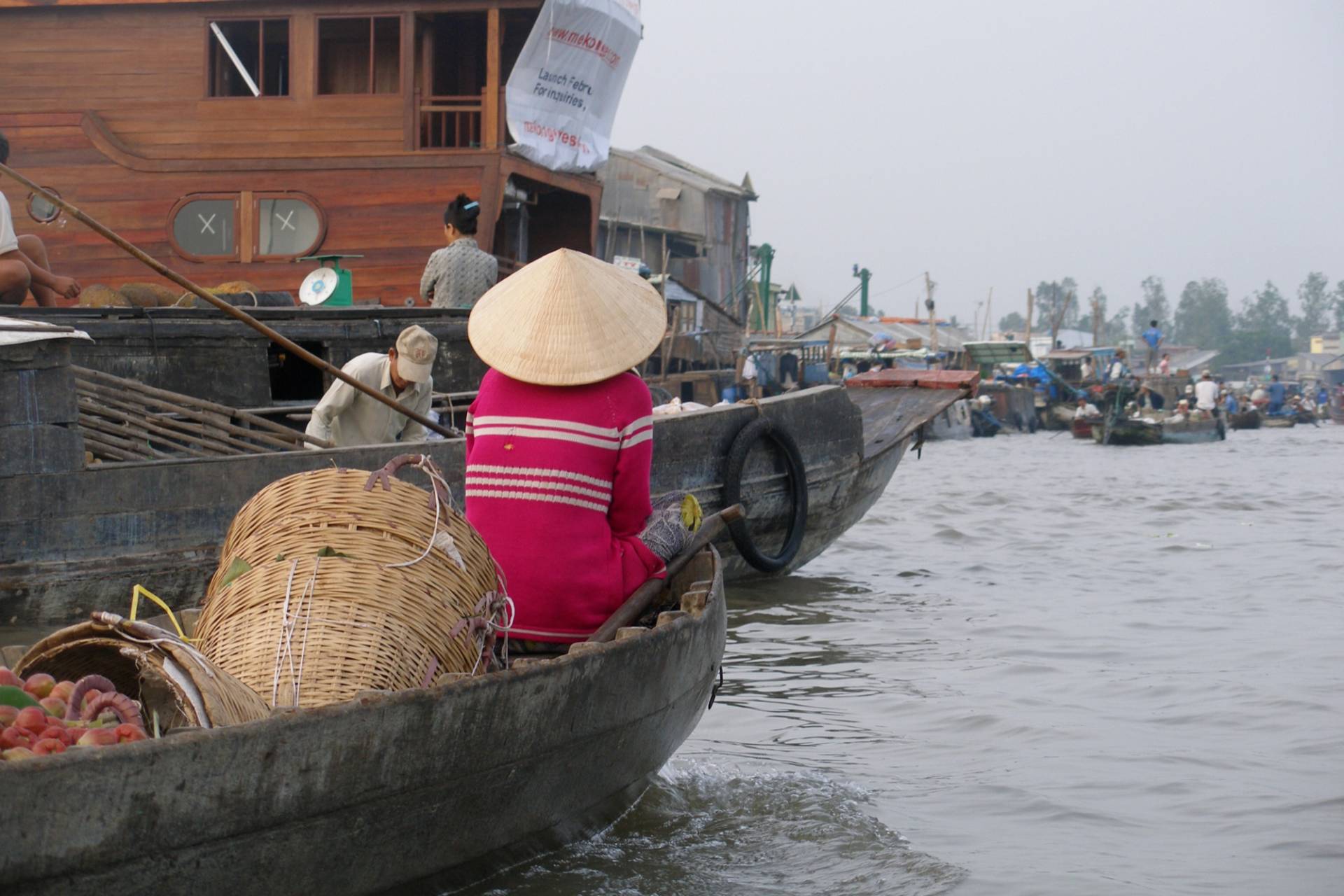 Cai Rang floating market near Can Tho at dawn: a woman in a conical hat and pink top rows a small wooden boat loaded with fruit and a wicker basket past larger wooden trading boats, with more market boats along the misty river behind