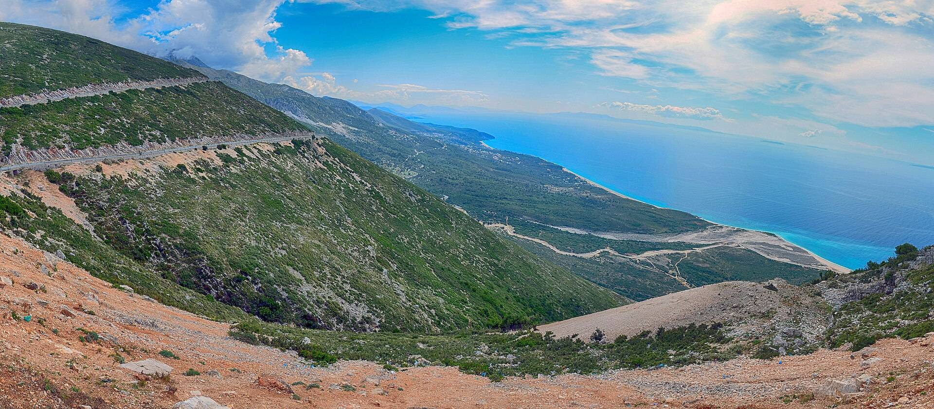 Winding Llogara Pass road above the Albanian Riviera and Ionian Sea